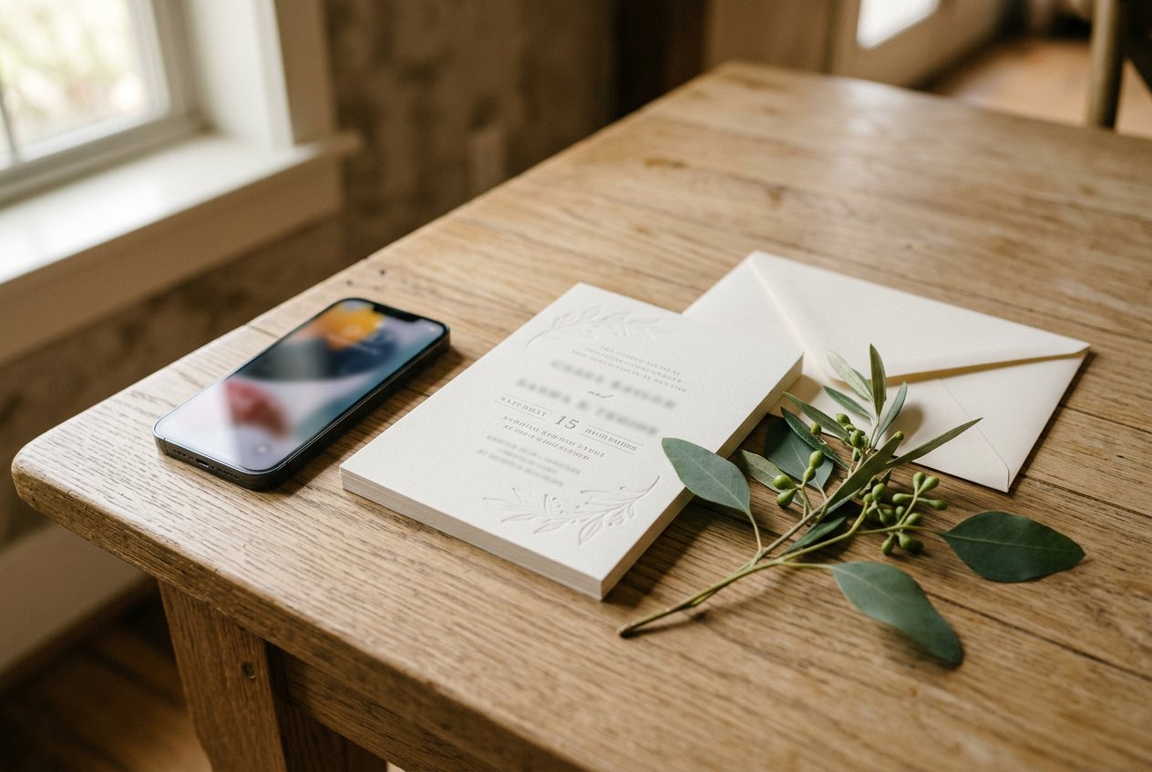 Convite de casamento impresso ao lado de um envelope, folhagem e um celular sobre a mesa